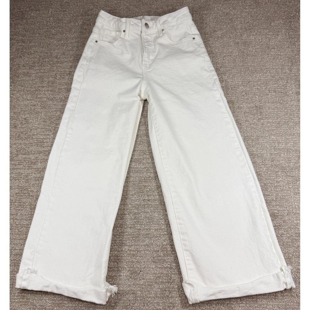 Risen Jeans Womens Size 1/25 White High Rise Wide Leg Cropped Raw Hem Denim Pant